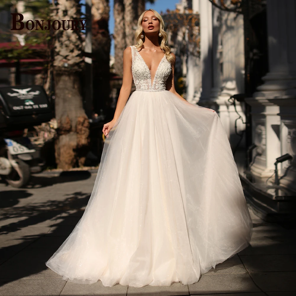 

BONJOURY Trendy Wedding Dresses For Women 2024 Bride Deep-V Sleeveless Backless A-line Lace Appliques Customised Robe De Mariée