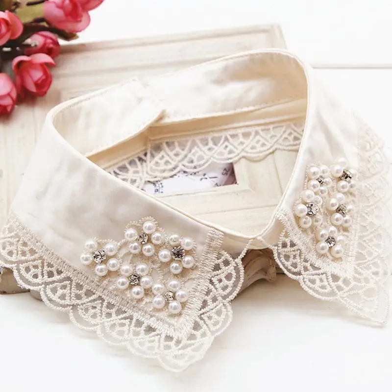 

652F Women Detachable Colla Shirt Fake Collars Pearls Lace Decoration Ladies Lace Fal