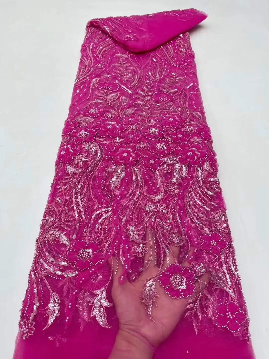 

2023 Latest Luxury African Mesh 5yards with Bead & Sequins Lace Fabric for Party Wedding Bride Lace Fabric Dress