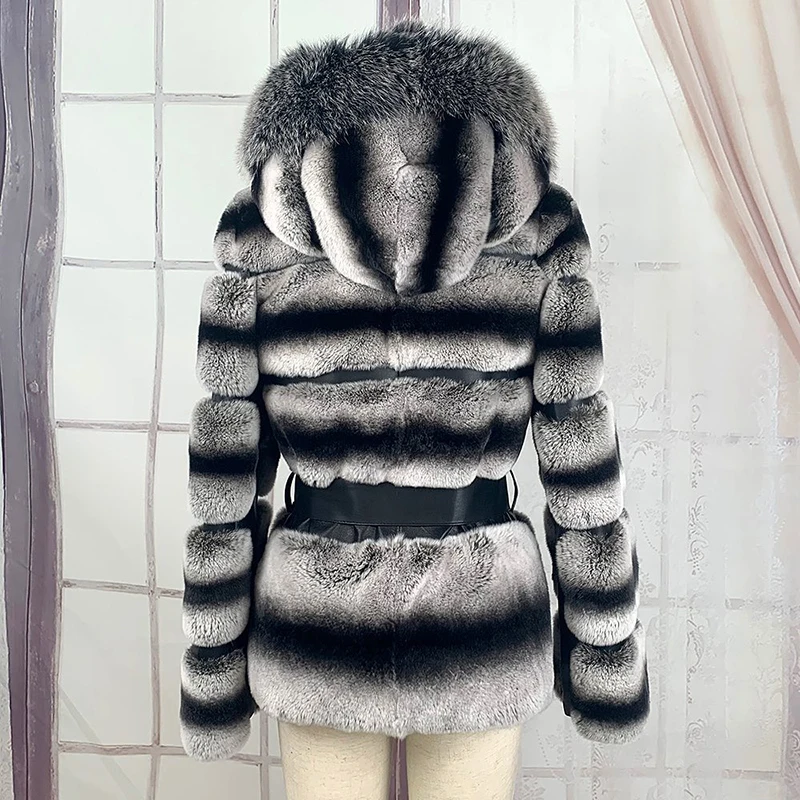 Genuine Rex Rabbit Fur Coat Women Casual Winter New Belt Hooded Outertwear 2022 New Sheepskin Real Rex Rabbit Jacket Female