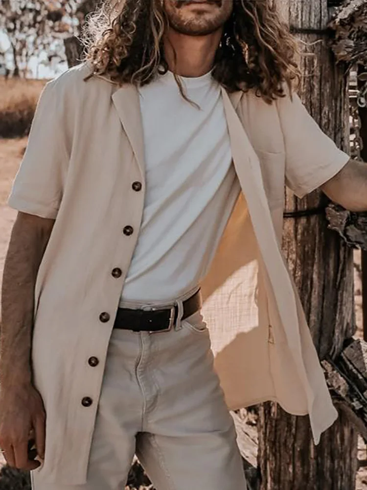 

Повседневная однотонная мужская рубашка, модный однобортный Кардиган с отложным воротником и короткими рукавами, мужская летняя простая п...