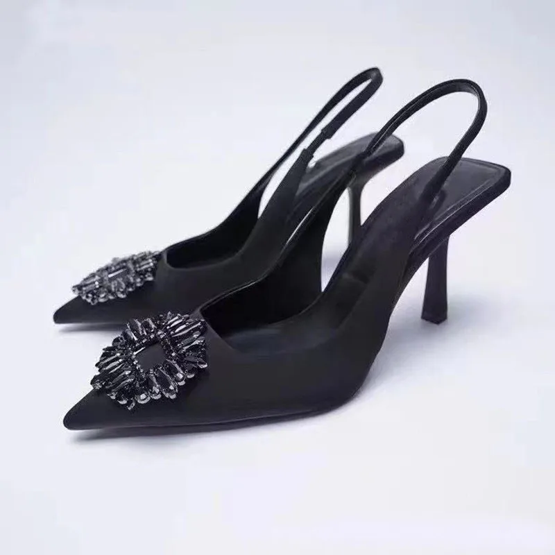 

ZA Black High Heels Pointed Toe Style Small Fragrant Style Muller Shoes Rhinestone Pointed Square Buckle Thin Heel Shoes