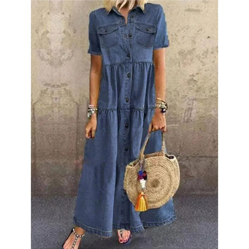 

2021 Long Solid Denim Pleated Short Sleeve Shirt Dress