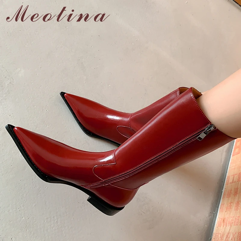 

Meotina Women Genuine Leather Mid Calf Boots Pointed Toe Flat Zipper Ladies Fashion Short Boot Autumn Winter Shoes Wine red 40