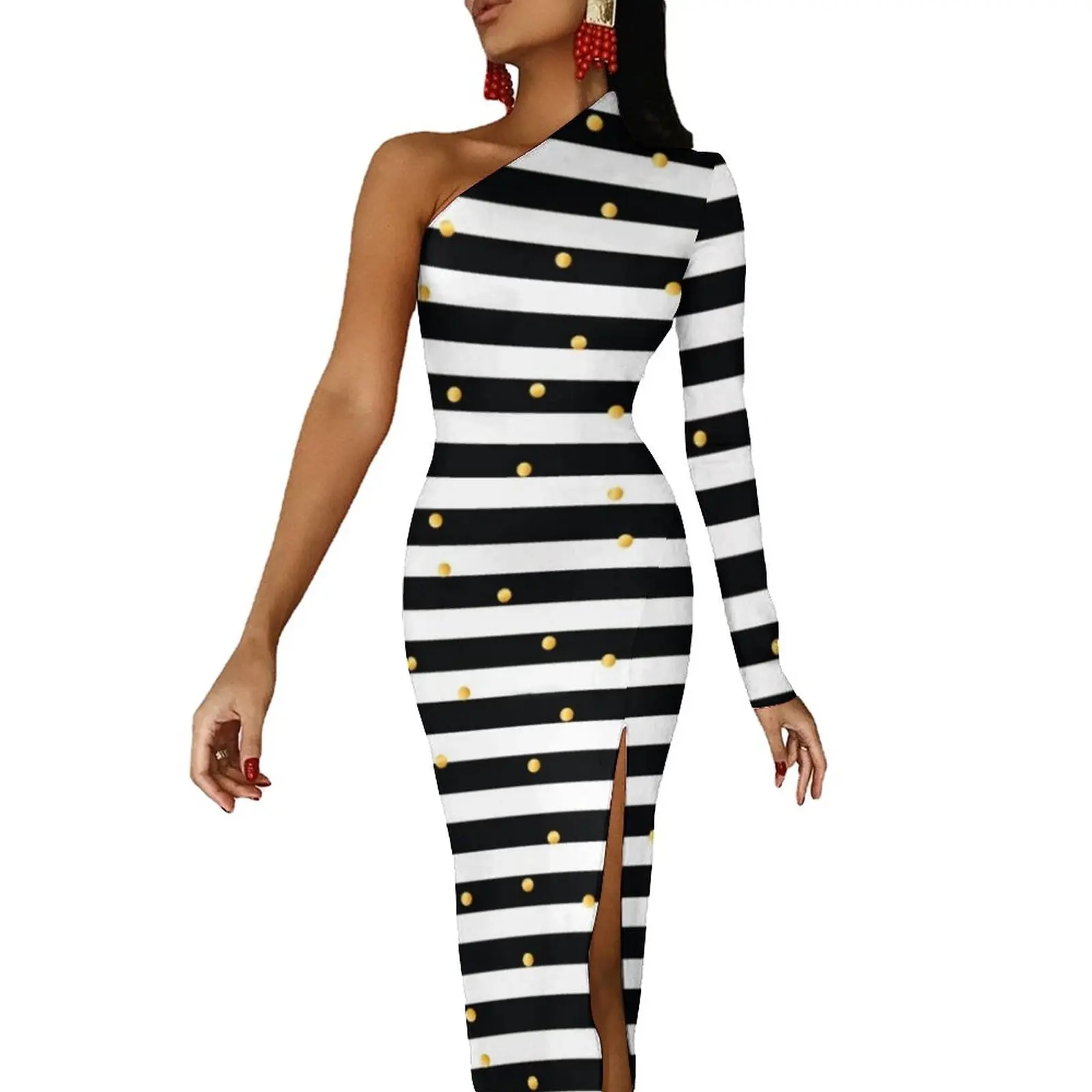 

Gold Dots Stripes Long Dress Modern Art Print Party Maxi Dress One Shoulder Elegant Bodycon Dresses High Slit Graphic Vestidos
