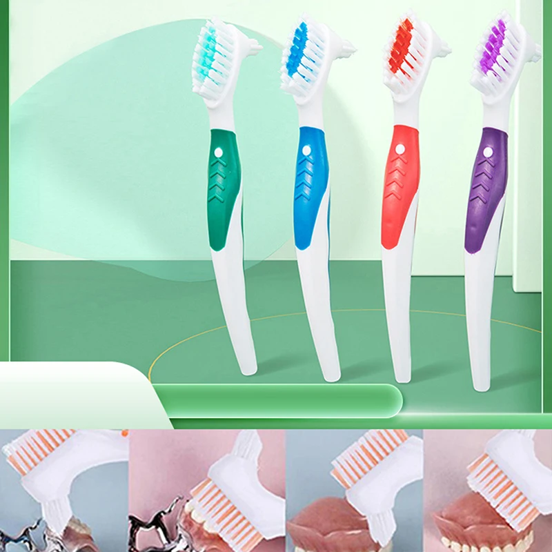 

Denture Cleaning Brush Bristles Double Head Rubber Handle Multi-Layered Bristles False Teeth Brush Oral Care Tools