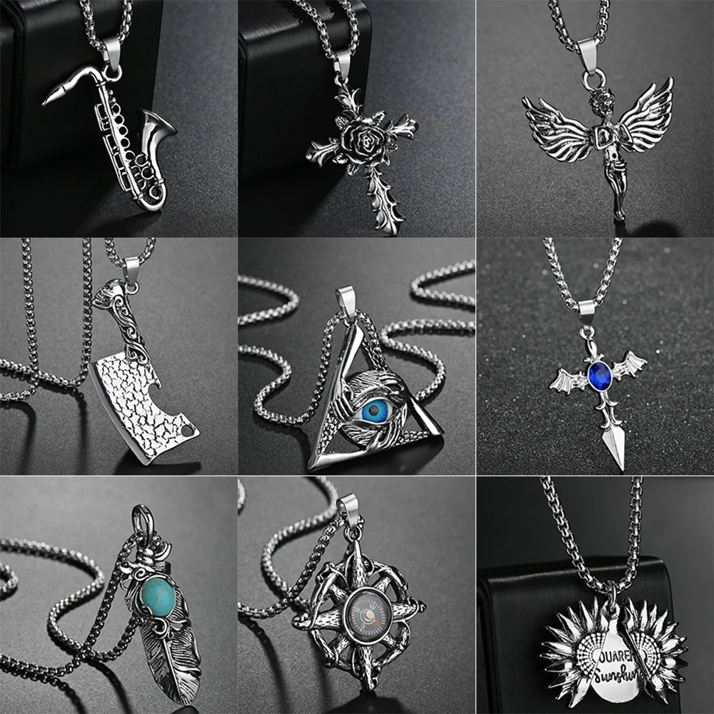 

Hot Sale Vintage Silver Skull Cross Arrow Eye Multiple Pendant Necklaces Stainless Steel Chain Women Men Hip Hop Fashion Jewelry