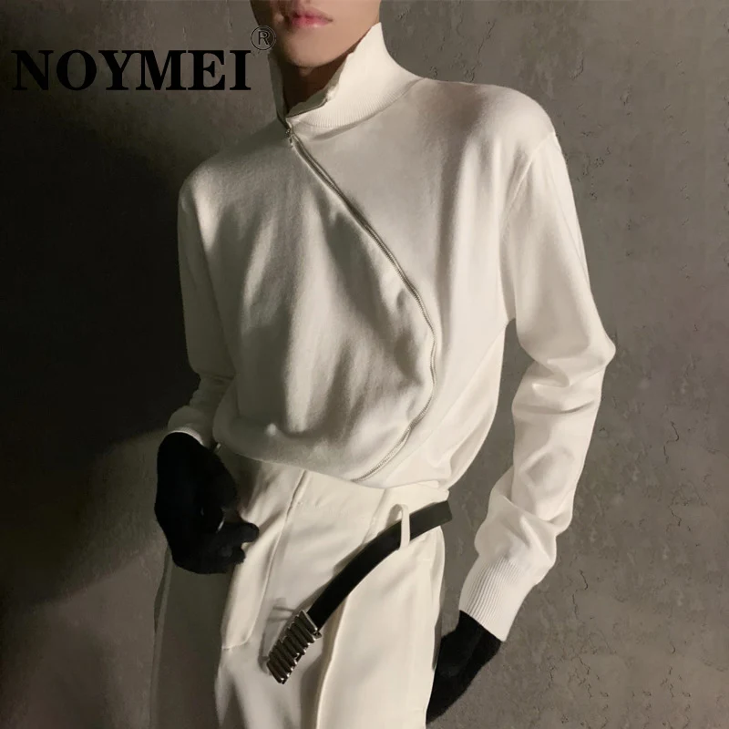 

NOYMEI Niche Personalized Design Pullover Curved Zipper Knit Shirt Men's Autumn Casual Half High Neck Sweater Solid Clor WA1854