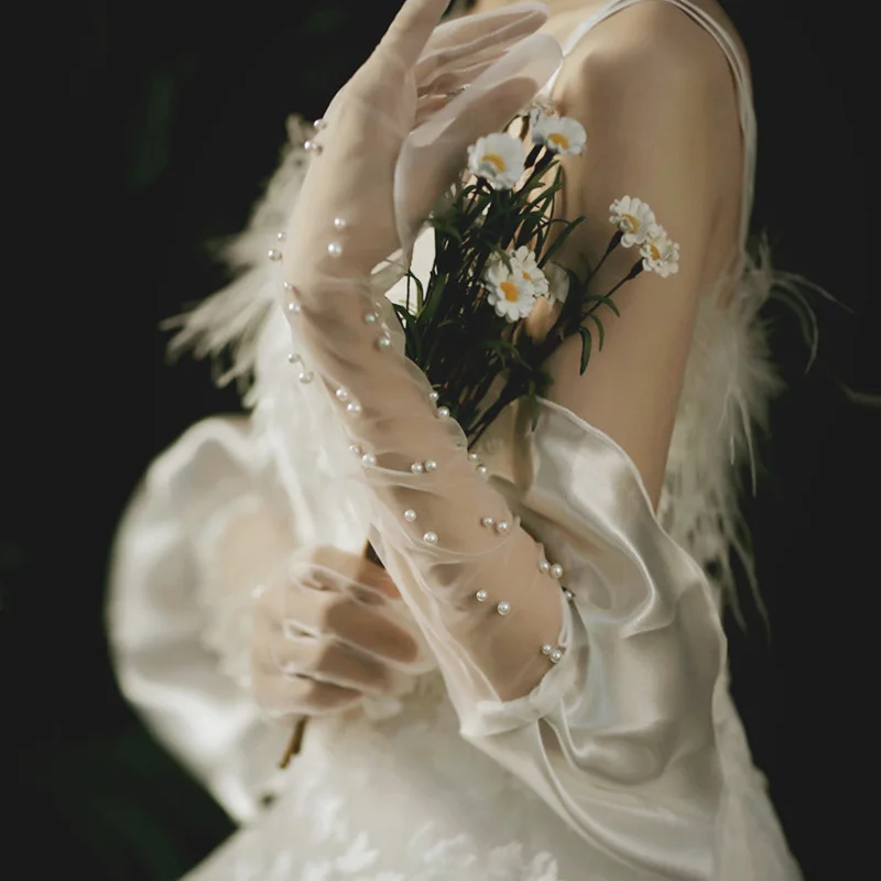 

Женские изысканные длинные перчатки, белые атласные декоративные варежки из прозрачного тюля с оборками на краях для свадебного платья невесты