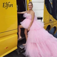 elfin pink quinceanera dresses ball gown tull tiered pleats long formal prom gowns sweet 16 dresses