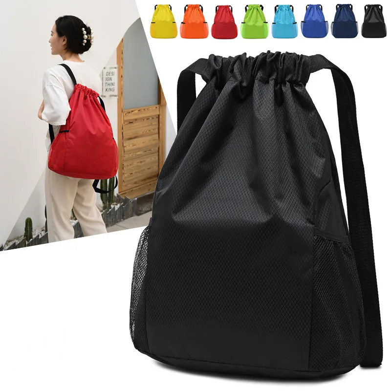 Drawstring Bag Backpack Large Capacity Women Men Wear Resistant Anti-splash Outdoor Drawstring Lock Riding Solid Zipper Pocket