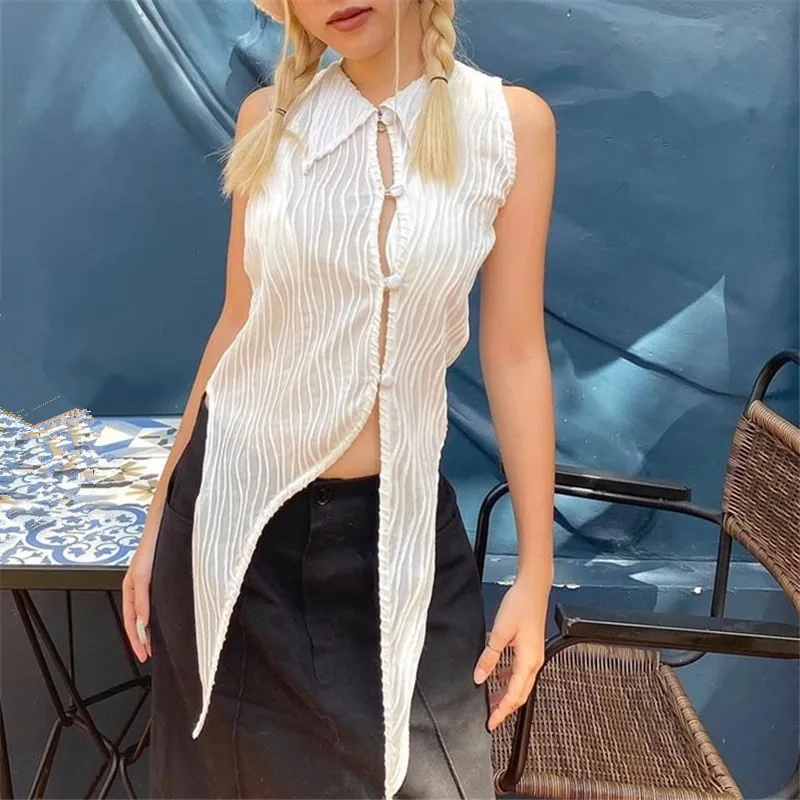 

2022 Summer New Trend Women's Clothing Lapel Button Water Ripple Perspective Slim Sleeveless Temperament Top