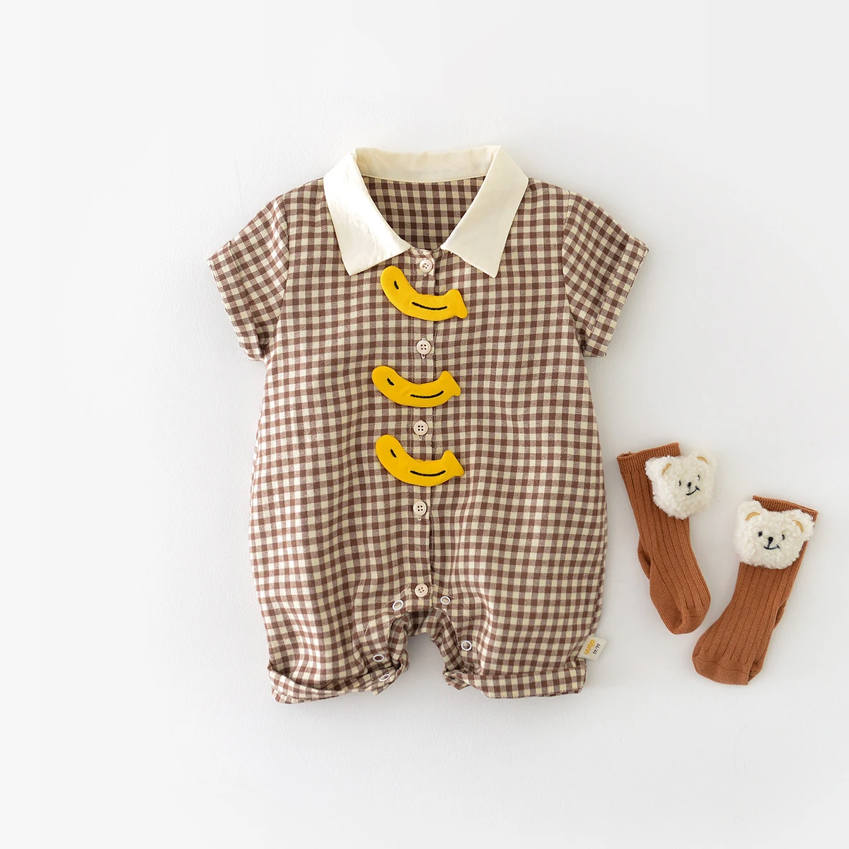 

2023 Summer Baby Rompers Cotton Infant Boys Plaid Jumpsuit Short Sleeve Cute Cartoon Banana One Piece Baby Girls Clothing
