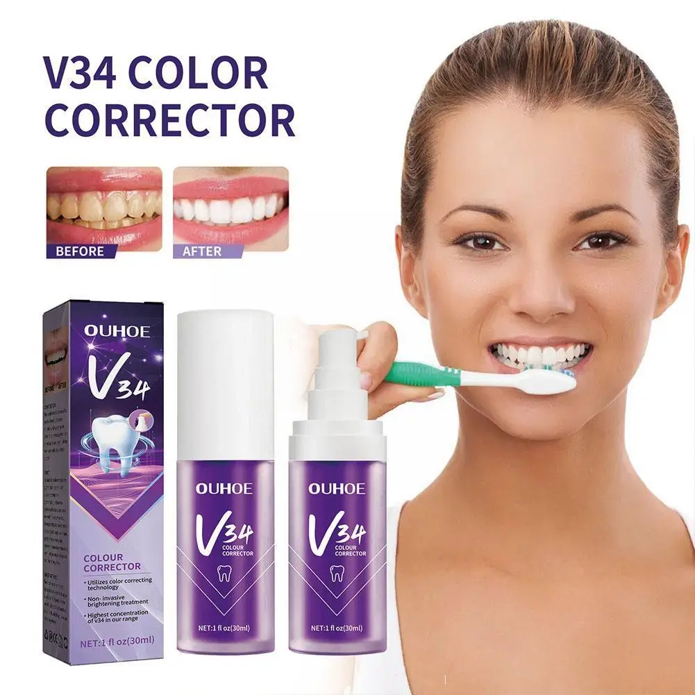 

V34 Tooth Color Corrector Whitening Toothpaste 30ml Gum Yellow Brightening Mousse Cleaning Teeth Stain Remove Care Gel Deep D3H3
