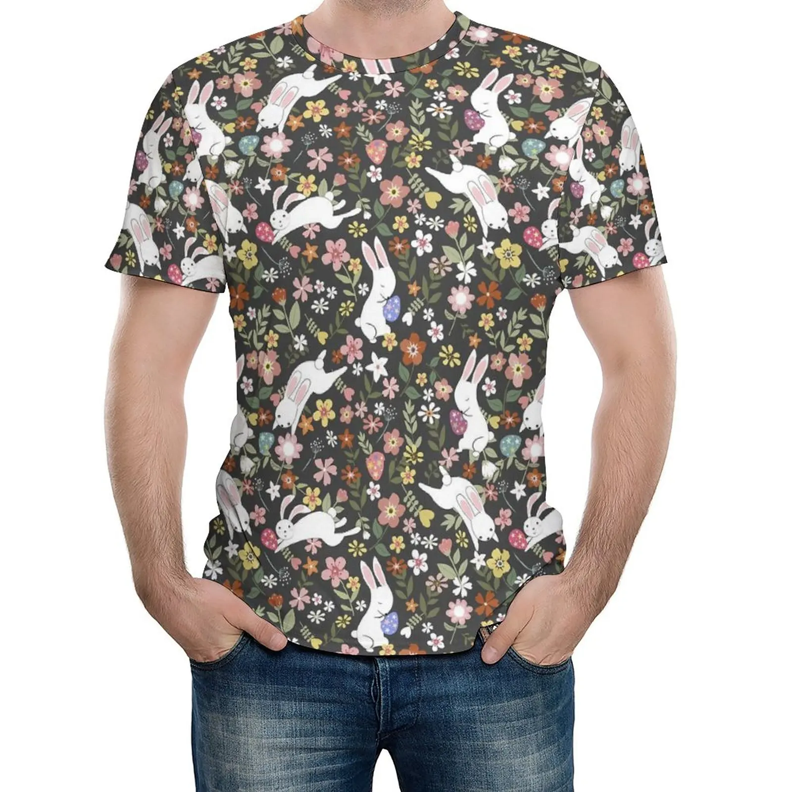 

Easter Day Floral T Shirt Rabbit Print Trendy T Shirts Men EMO Tshirt Summer Short Sleeves Graphic Tops Large Size