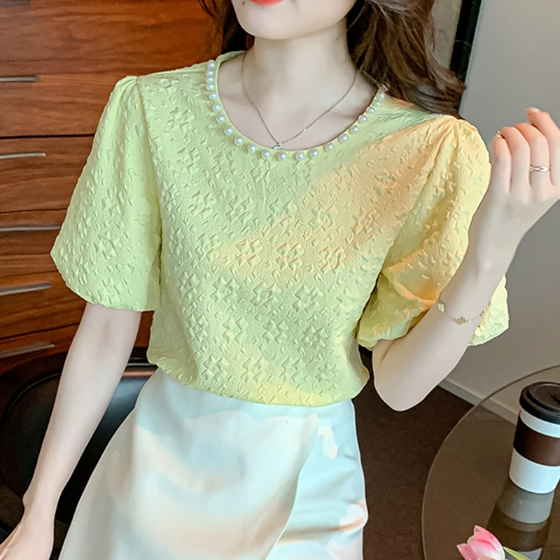 

Bead Puff Sleeve Women Shirts 2022 Fashion Summer Round Neck Loose Women Blouses Elegant Solid Short Sleeve Shirts Blusas 22080