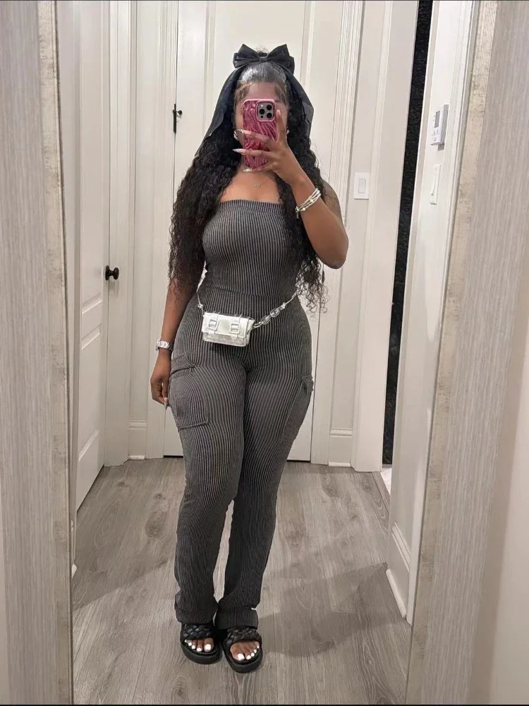 XIZOU элегантные вязаные комбинезоны без бретелек с открытыми плечами и карманами