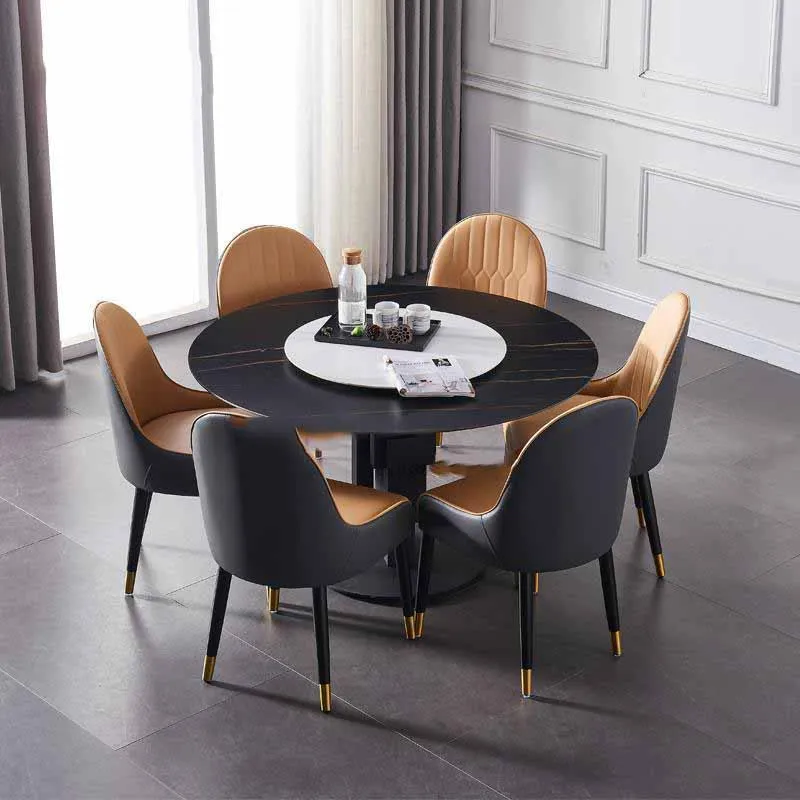 

Italian Light Luxury Combination Minimalist Rock Board Dining Table And Chair Round Table With Turntable Simple Home Furniture