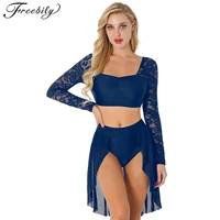 women lyrical dance outfits floral lace long sleeve crop top with mesh skirt briefs sets modern dancewear for stage performance