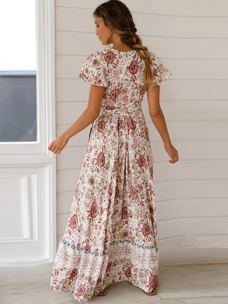 

Vintage Women Party Sundress 2023 Floral Print Bat Sleeve Beach Long Bohemian Sundress Ladies Sexy V Neck Summer Boho Dress