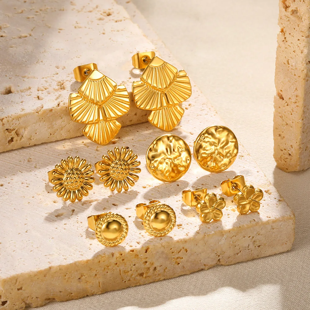 

Stainless Steel Hoop Earring Set For Women Gold Color Flower Round Fashion Party Vintage Jewelry Oorbellen Goud Free Shipping