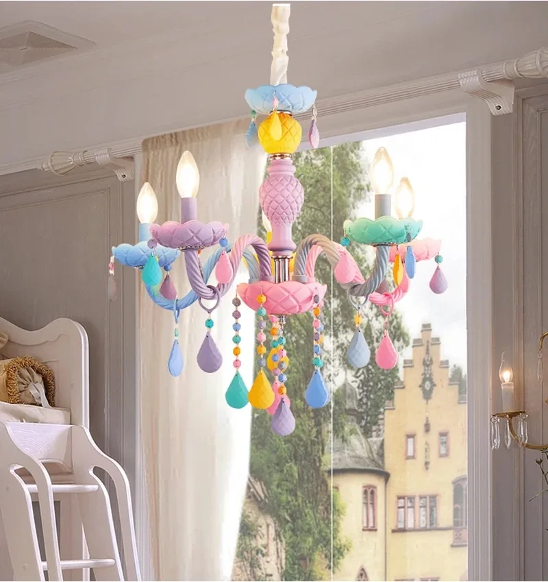 

New Macaron Candle Chandelier Modern Rainbow LED Crystal Pendant Lamp Children Room Light Restaurant Bedroom Lamps Light Fixtur