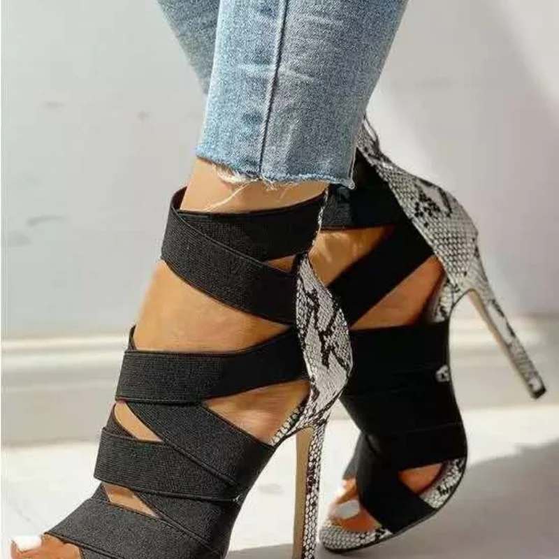 

Women High Heeled Shoes Women Sandals PU Color Blocking Round, Breathable Side Hollowed Ultra High Heeled Mid Shoes for Women