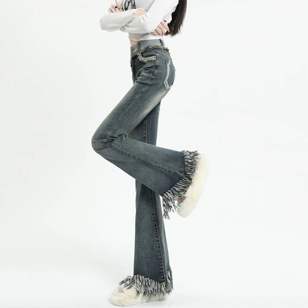 

High Street Vintage Tassel Micro-la Jeans Women 2023 New Spring Autumn High Waist Jeans Female Fashion Slim Rash Flared Pants
