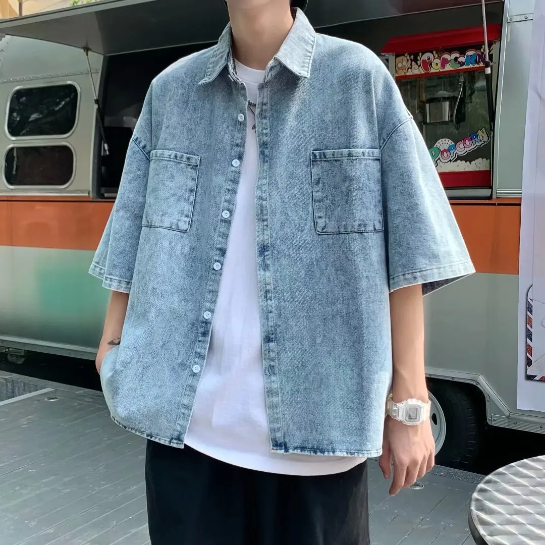 Summer Shirt Short Sleeve Denim For Men Streetwear Oversized Simple Casual Fashion Y2K Pocket Cotton Lapel Jeans Top Clothing