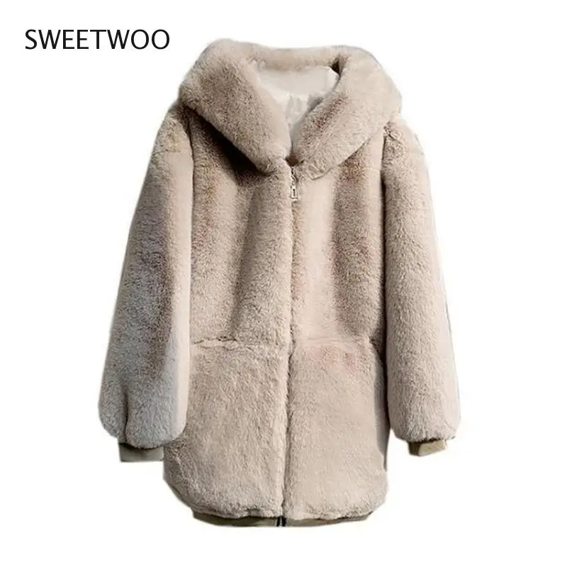 2022 New Winter Imitation Mink Loose Sweater Women Thick Fur Coat Mid-length Hooded Waterproof Mink Coat