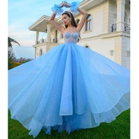 lake blue prom dress a line sleeveless spaghetti straps sexy prom gown backless draped illusion tulle sparkly sequin party dress