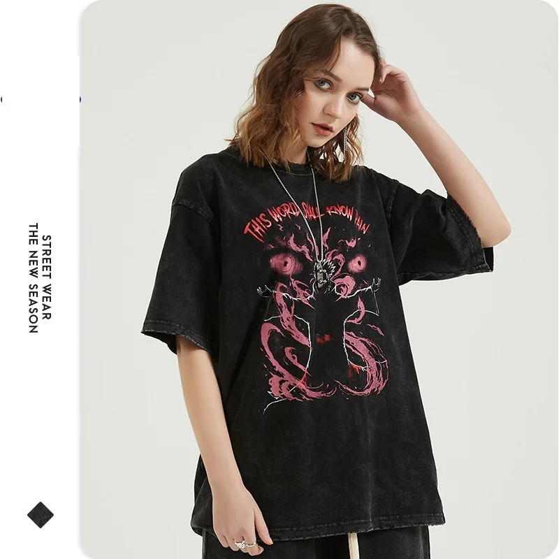 

250g cotton goth dark street retro men's t-shirt cartoon printed crew neck grinding short sleeve women's t-shirt men's pullover