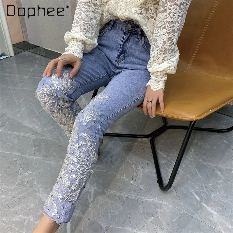 

New Casual Rhinestone Trousers Women Jeans Micro Elastic Heavy Sequin Slimming Denim Pants Ankle-Length Jeans for Women Summer