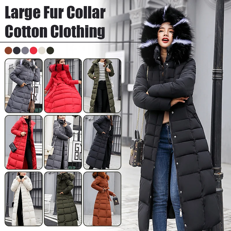 Women Winter Long Jacket Knee Coat Slim Warm Parka Hooded Fur Collar Long Coat Fashion Bow Belt Outwear Thick Coat