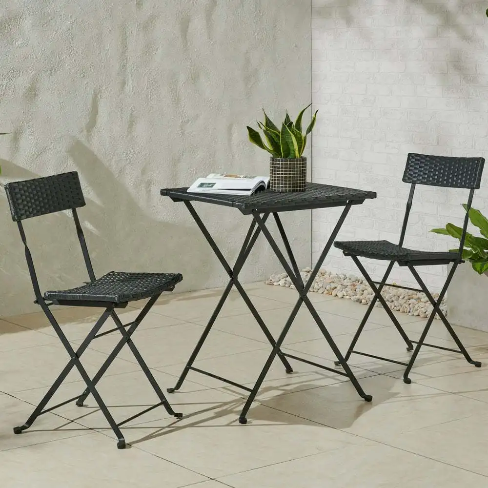 

Patio Bistro Set – 3-Piece Rattan Wood and Steel Table and Chairs, Black