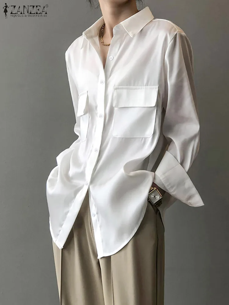 

ZANZEA Satin Elegant Shirt Women Lapel Loose Office Ladies Shirts Spring Autumn Long Sleeve Patch Pocket Blouse Causal Tunic Top