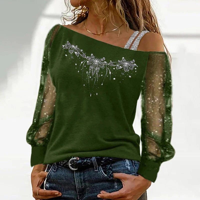 

Women See Through Long Sleeve Print Blouse Lady Spring Summer Skew Collar Patchwork Top Casual Off Shoulder Loose Pullover Blusa