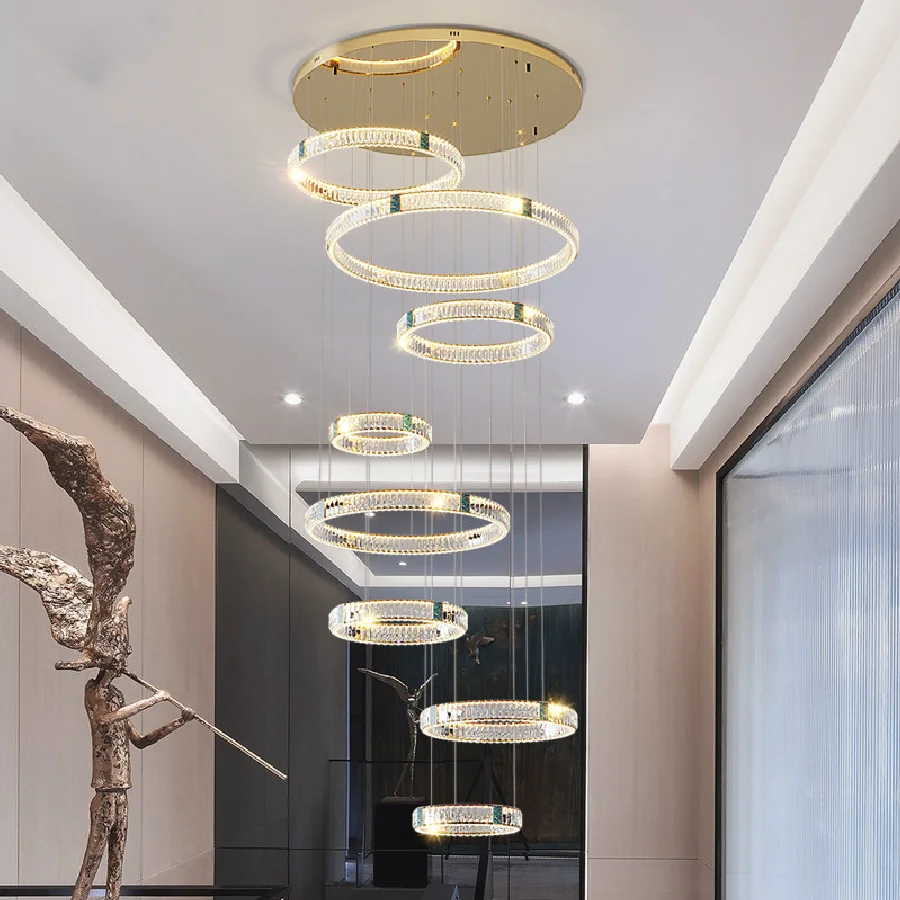

Villa Luxury Remote Control Led Dimmable Pendant Lights Modern Clear K9 Crystals Led Pendant Lamp Gold Steel Body Hanging Lamp