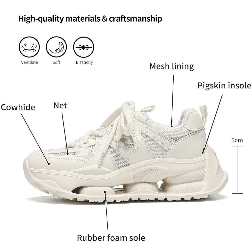 SOMILISS Women Chunky Sneakers Genuine Leather Mesh Round Toe Lace Up Ladies Spring Summer Breathable Soft Platform Casual Shoes