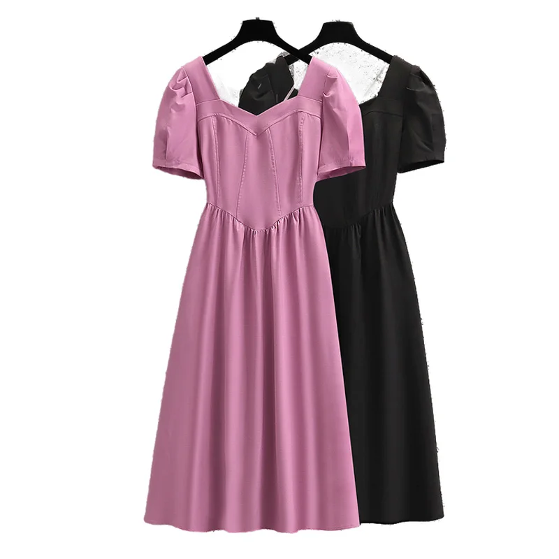 

Women Summer Midi Dress Elegant Square Collar Bow Short Sleeve Plus Size 4XL Casual Loose A Line Pleated Party Vestidos Robe2022