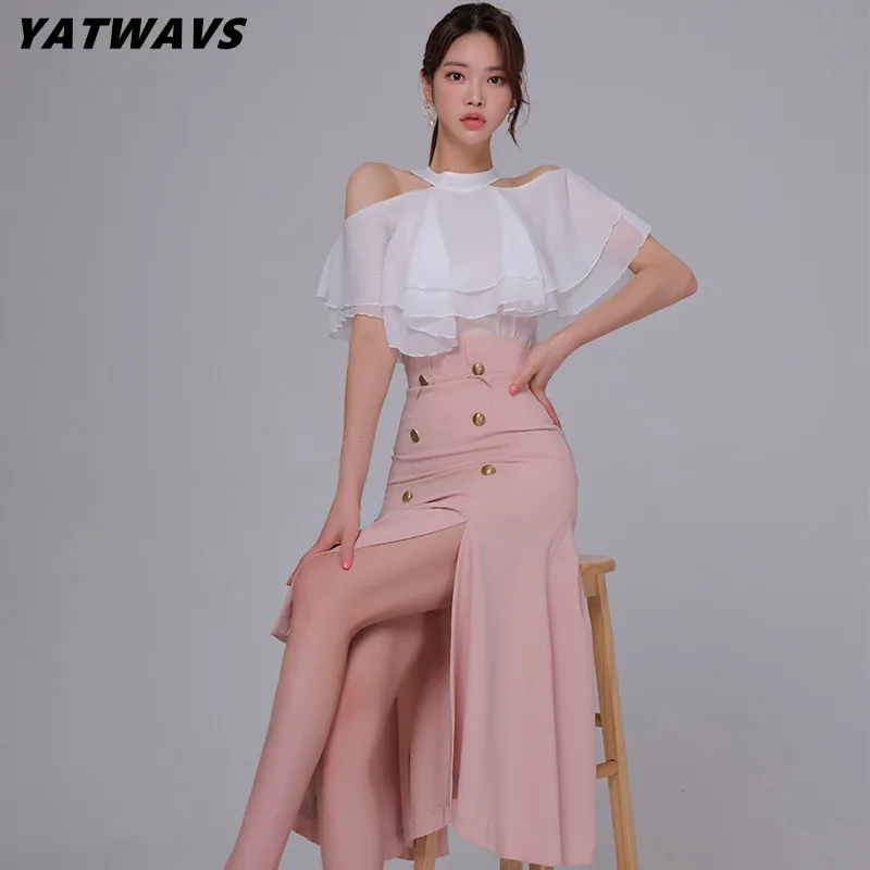 

New Women Two Pieces Set Summer Korean Sexy Off Shoulder Ruffles Shirt Top+Fashion High Waist Split Mermaid Midi Skirt Chic Suit