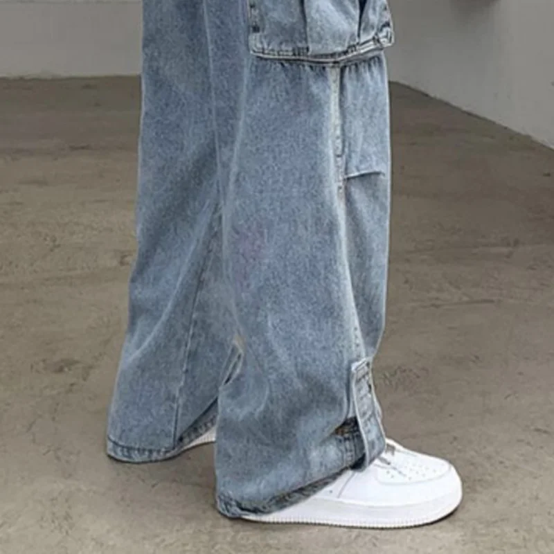 Autumn Winter Korean Streetwear Hip Hop Denim Trousers Male Jeans Denim Vintage Loose Cargo Pants Casual Baggy Wide Leg Jeans