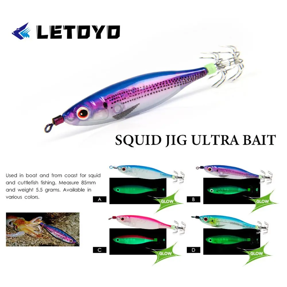 

1Pcs 5.5g 60mm Squid Lures Lead Sinker Jigs Octopus Wood Shrimp Bait With Squid Hook Luminous Fishing Lures Fishing Tackle