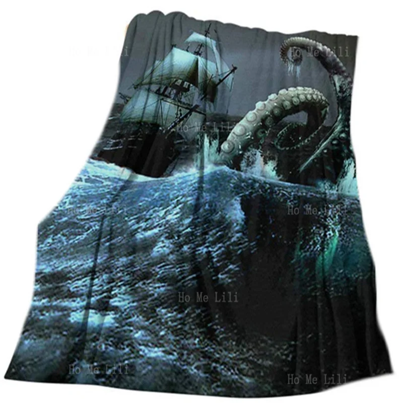 

Kraken Octopus Attacking Sailing Cargo Ship Flannel Blanket Ultra Soft Warm Throw Polyester Home Travel Camping Applicable