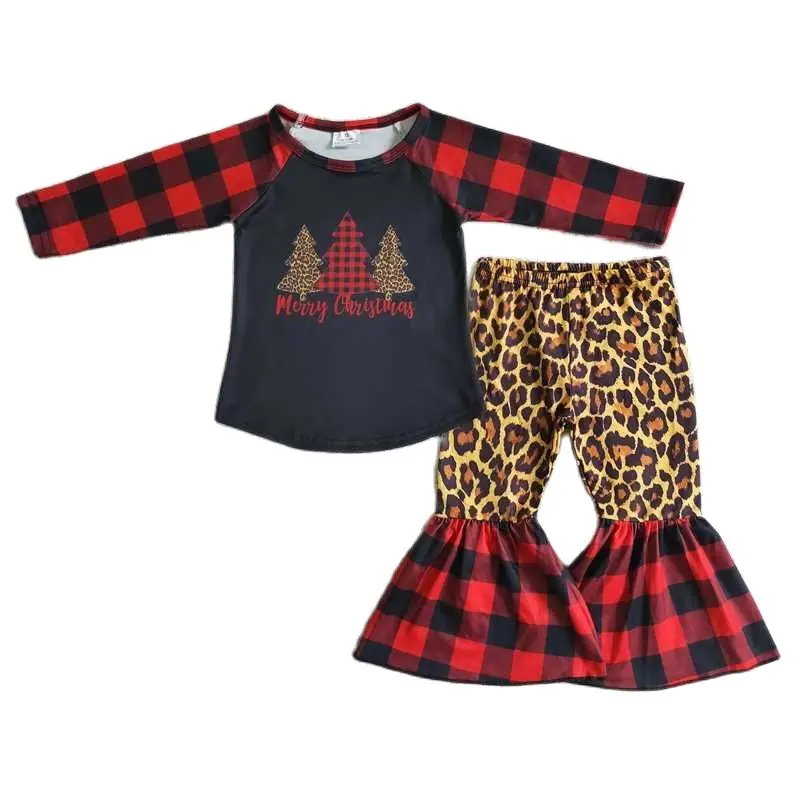 

6 B12-38 Girls Christmas Outfit Long Sleeve And Long Leopard Pants Christmas Tree Print