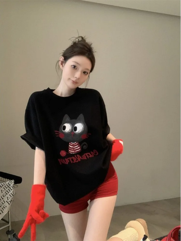 Осенне-зимняя внутренняя одежда модная футболка с мультяшным принтом кота милый