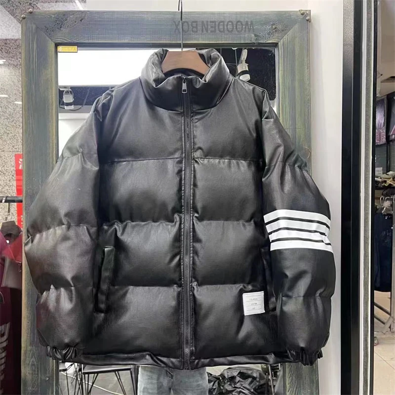2022new winter bread clothes trendy blue thickened loose casual four-bar leather jacket thermal cotton clothing water proof coat