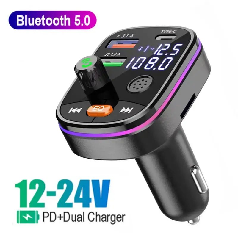 

Car Bluetooth 5.0 Charger FM Transmitter PD 20W Type-C Dual USB Colorful Ambient Light Cigarette Lighter MP3 Music Player Parts