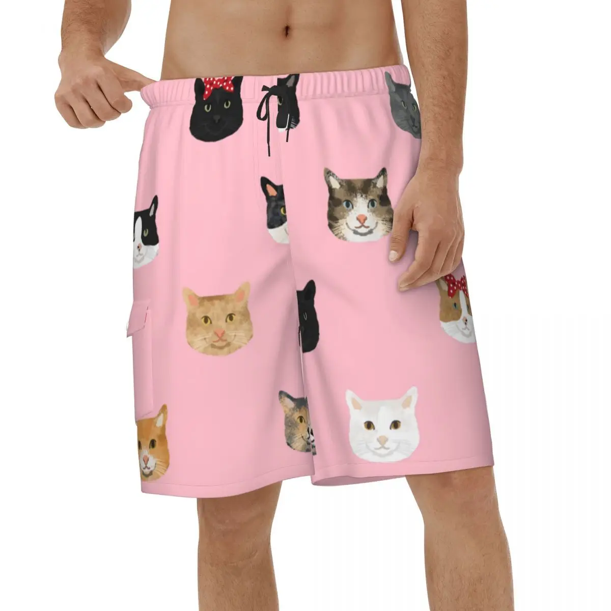 

Summer Cats With Bows Cute Cat Pink Men Beach Shorts Sports Swimwear Streetwear Vacation Short Pants Male Board Shorts