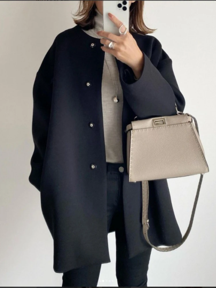 Женское однотонное шерстяное пальто в японском стиле